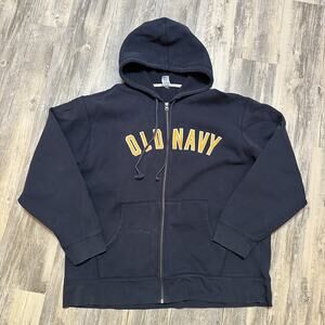 Y2K Old Navy Men's XXL Full Zip Hoodie Navy Blue Fleece Lined Drawstring Hood